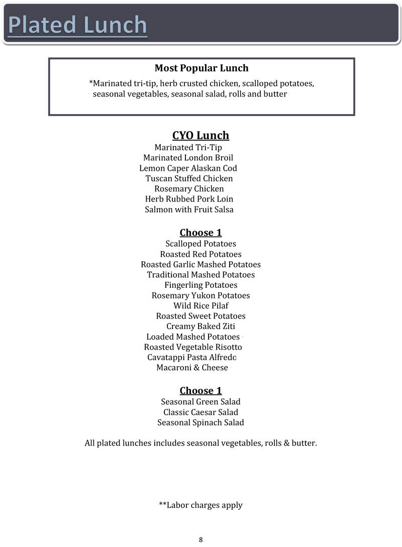Plated lunch Catering Menu